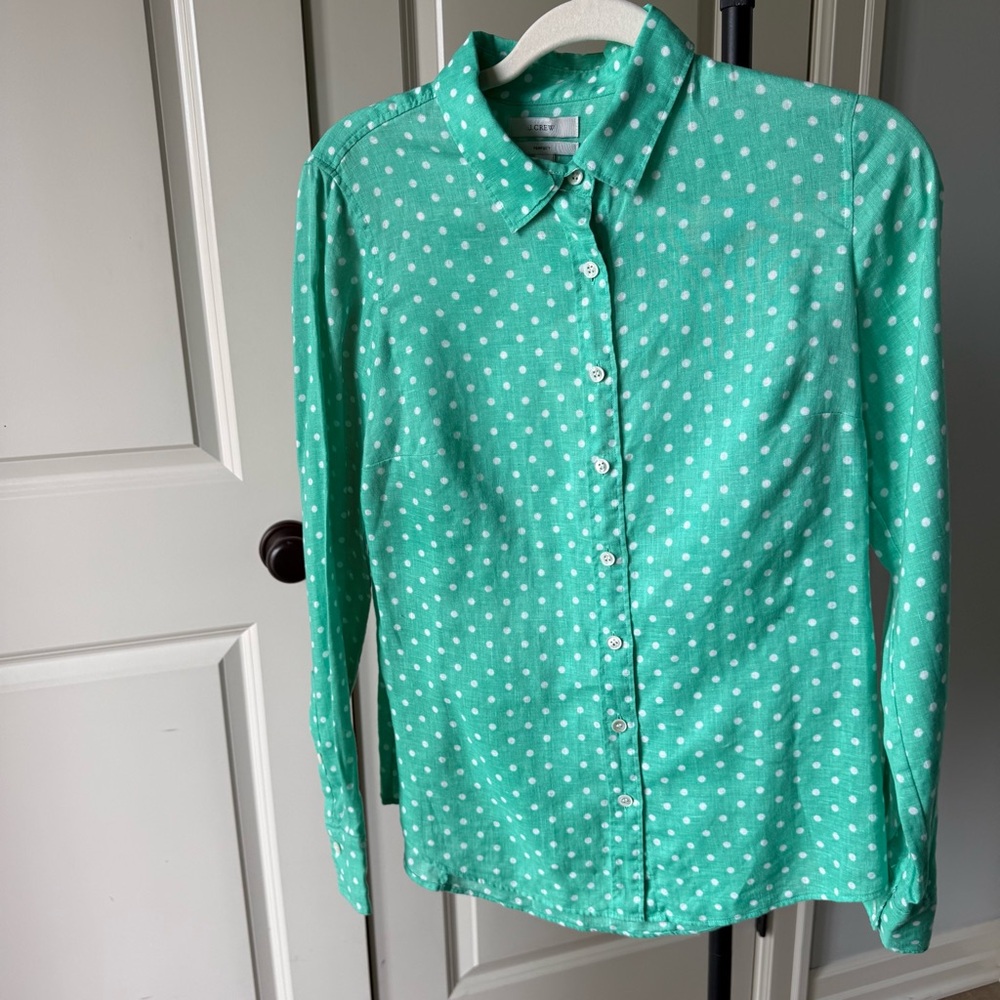 J.Crew Perfect Fit Green Polka Dot Button Down Shirt Size 2